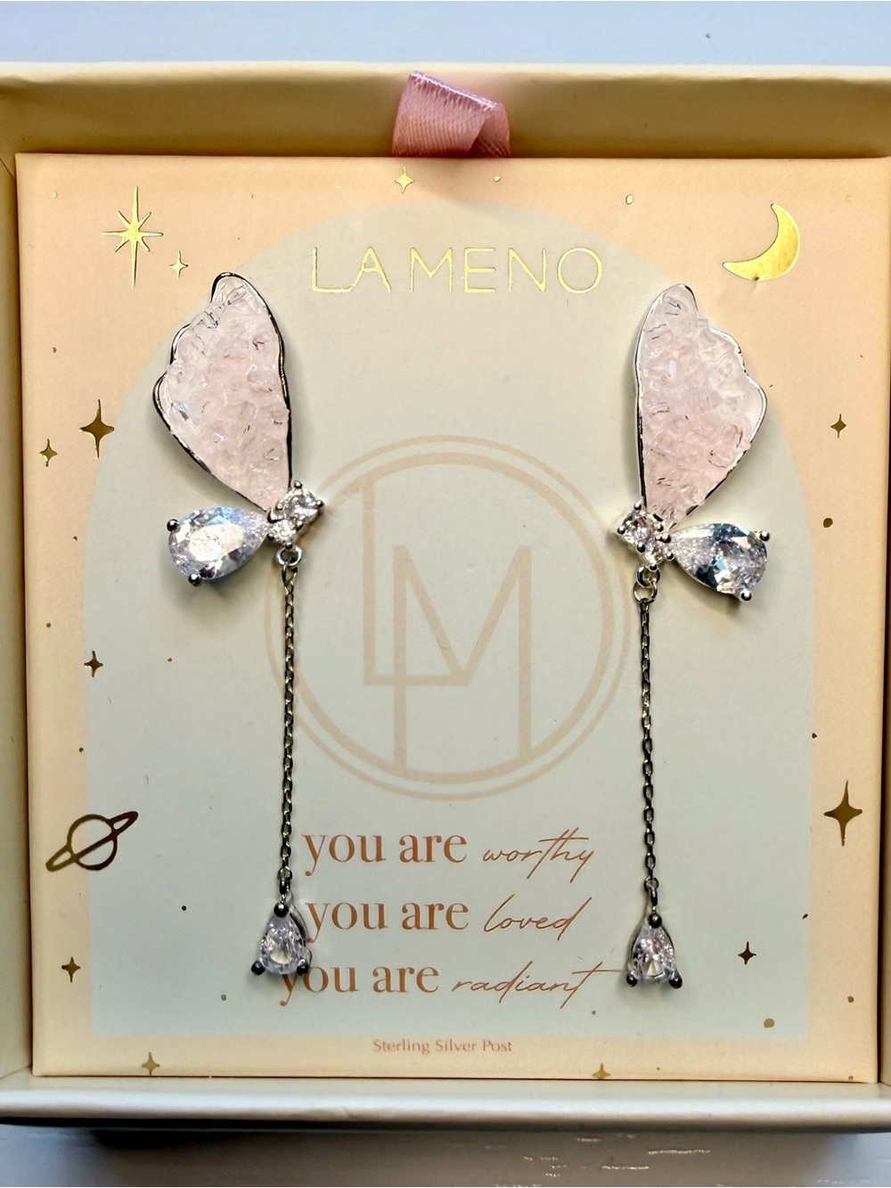 La Meno Pink Butterfly Wing Crystal Drop Earrings in Silver